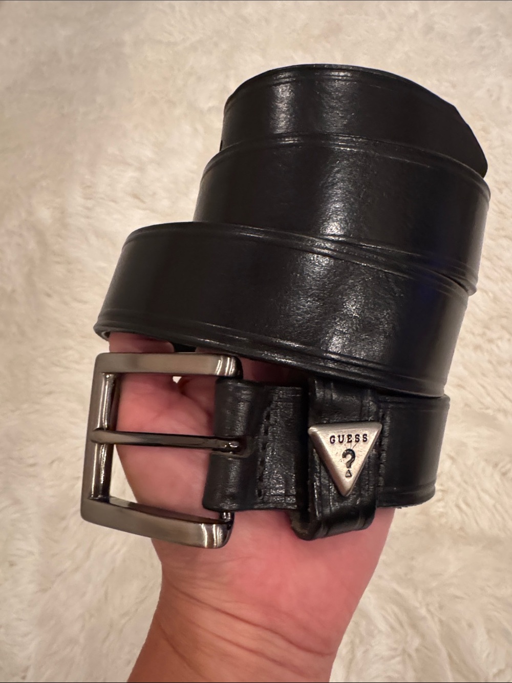 Vintage GUESS Black Leather Belt w/ Solid Brass Buckle & Triangle Logo